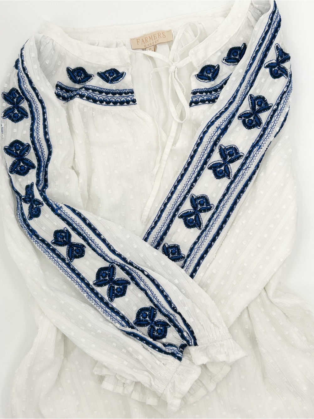 Farmers Market Tie Front Peasant Blouse Blue White Flowy Boho Medium